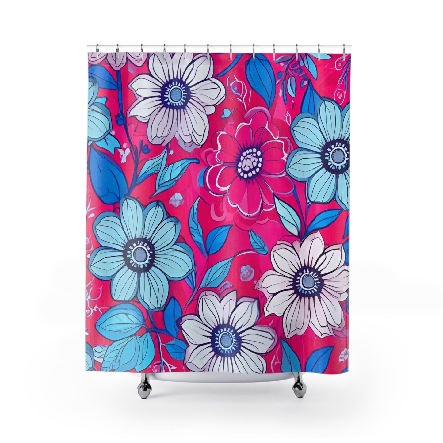 Hot Pink White And Blue Floral Shower Curtain