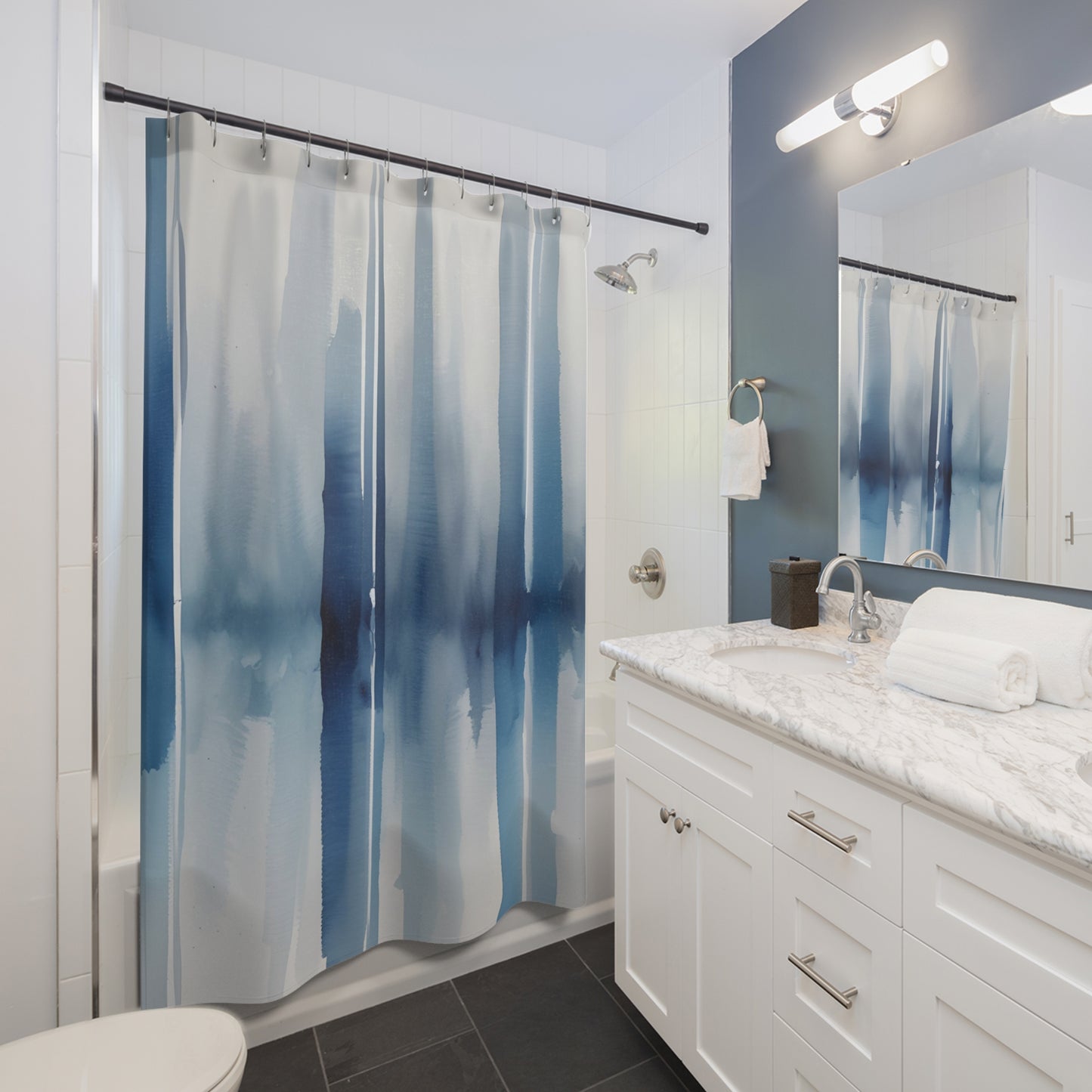 Blue And Grey Watercolor Reflection Shower Curtain