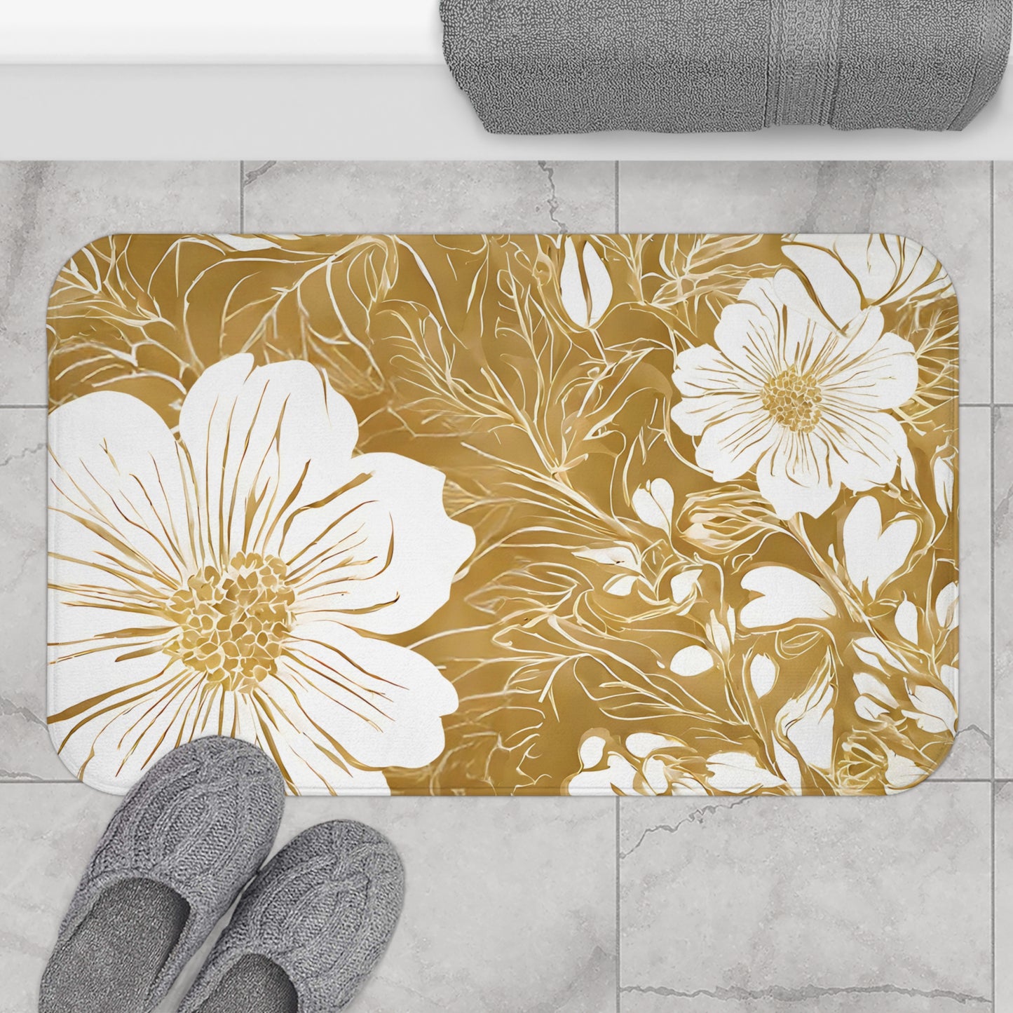 Gold And White Graphic Floral Bath Mat