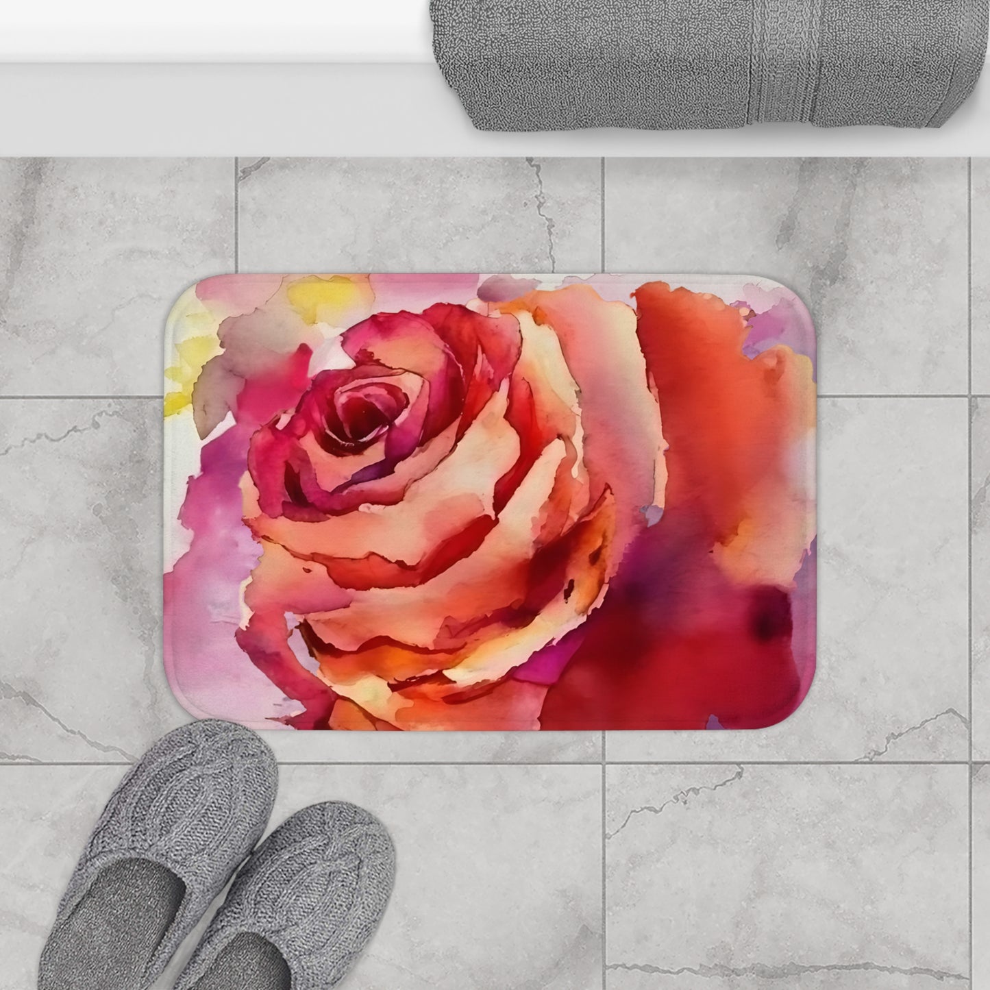 Orange Red Purple And A Hint Of Yellow Watercolor Rose Bath Mat