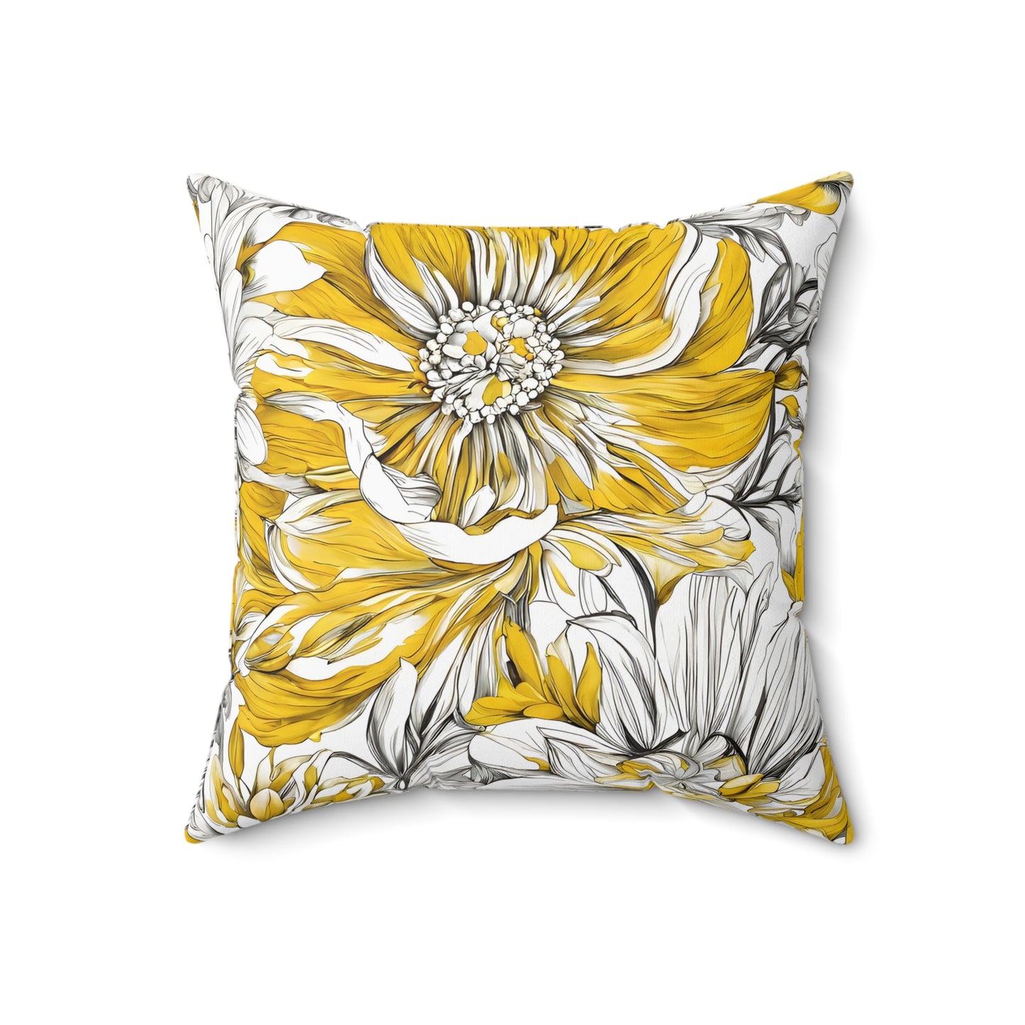 Yellow Grey And White Graphic Floral Decorative Throw Pillow