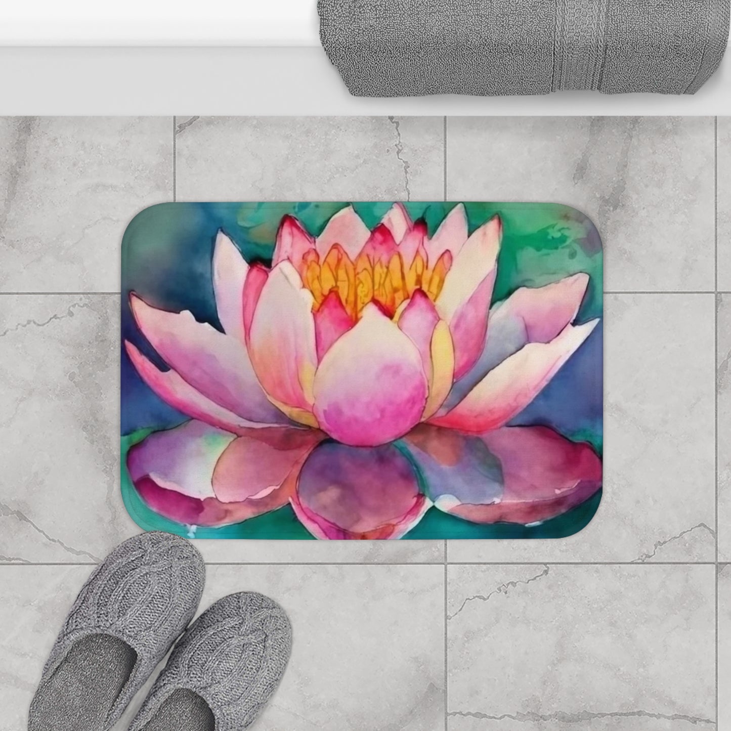 Colorful Watercolor Lotus Flower Bath Mat