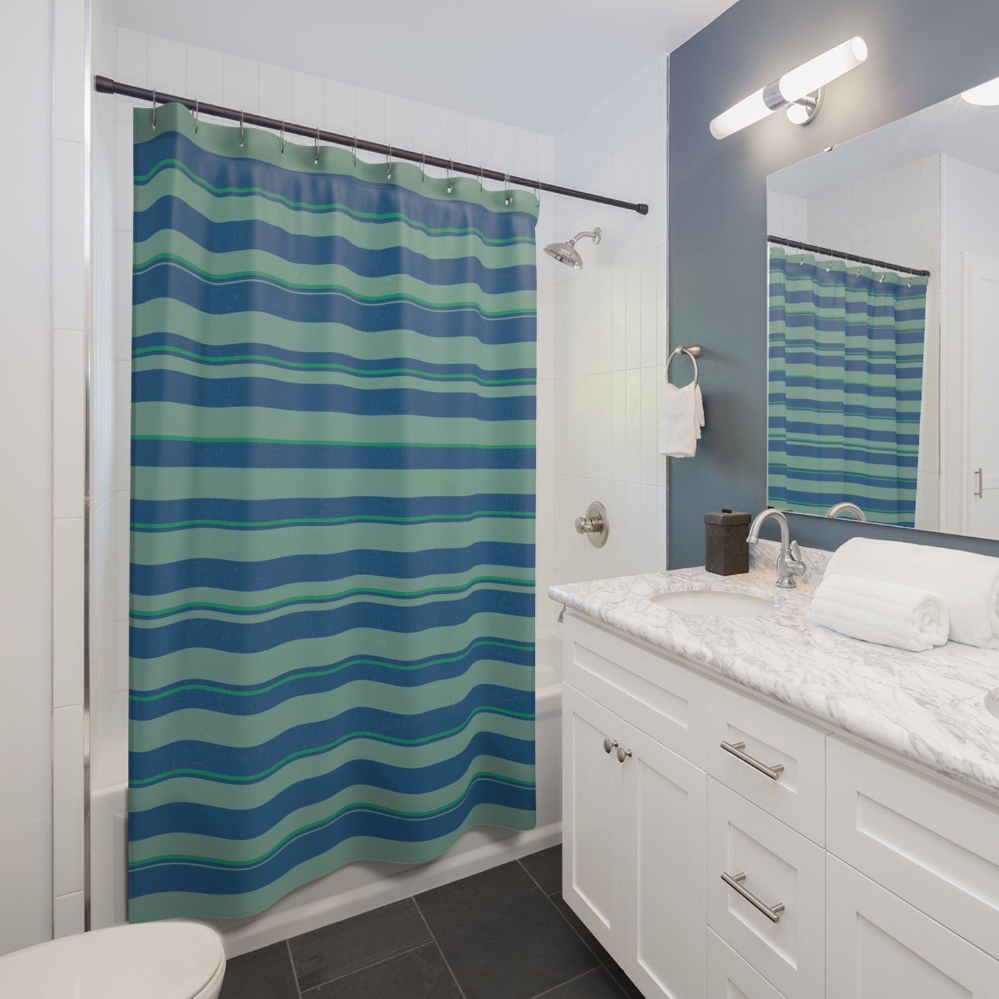 Blue Green Striped Shower Curtain