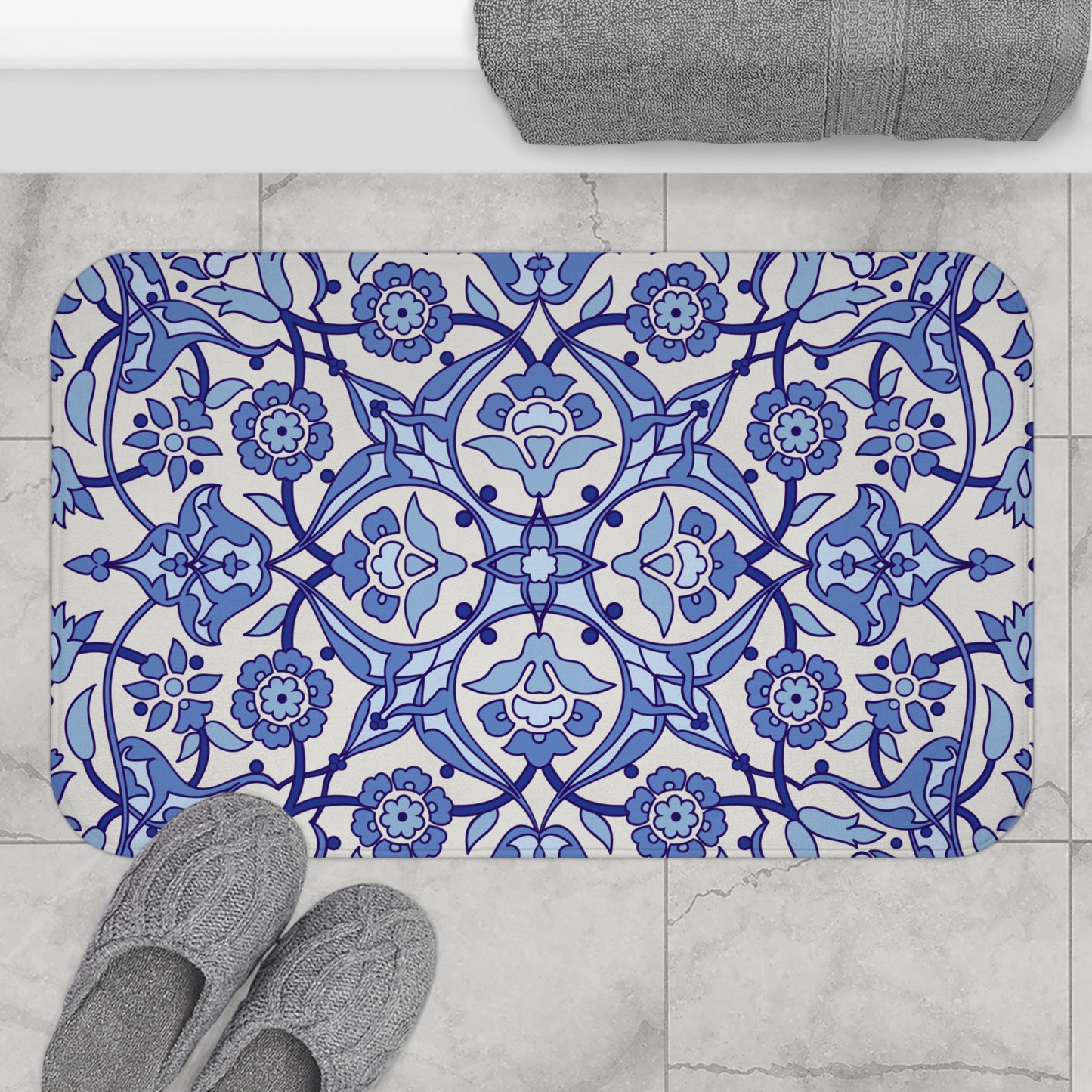 Blue And Light Grey Moroccan Style Bath Mat