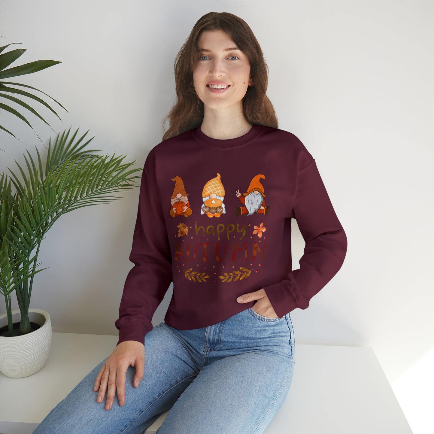 Happy Autumn, Gnome Trio, Heavy Blend™ Crewneck Sweatshirt (Available In Other Colors)