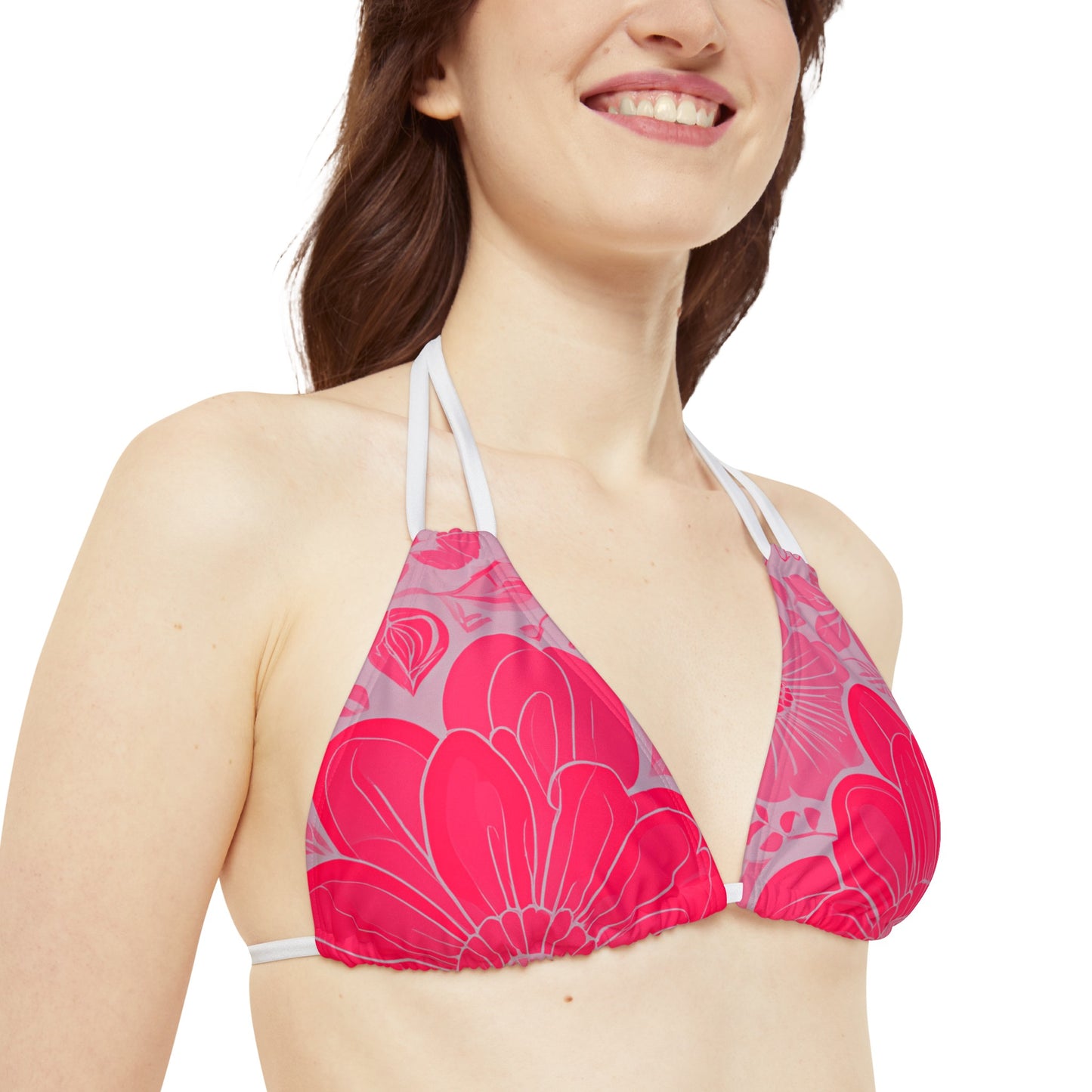 Pink And Grey Graphic Floral String Triangle Bikini Top