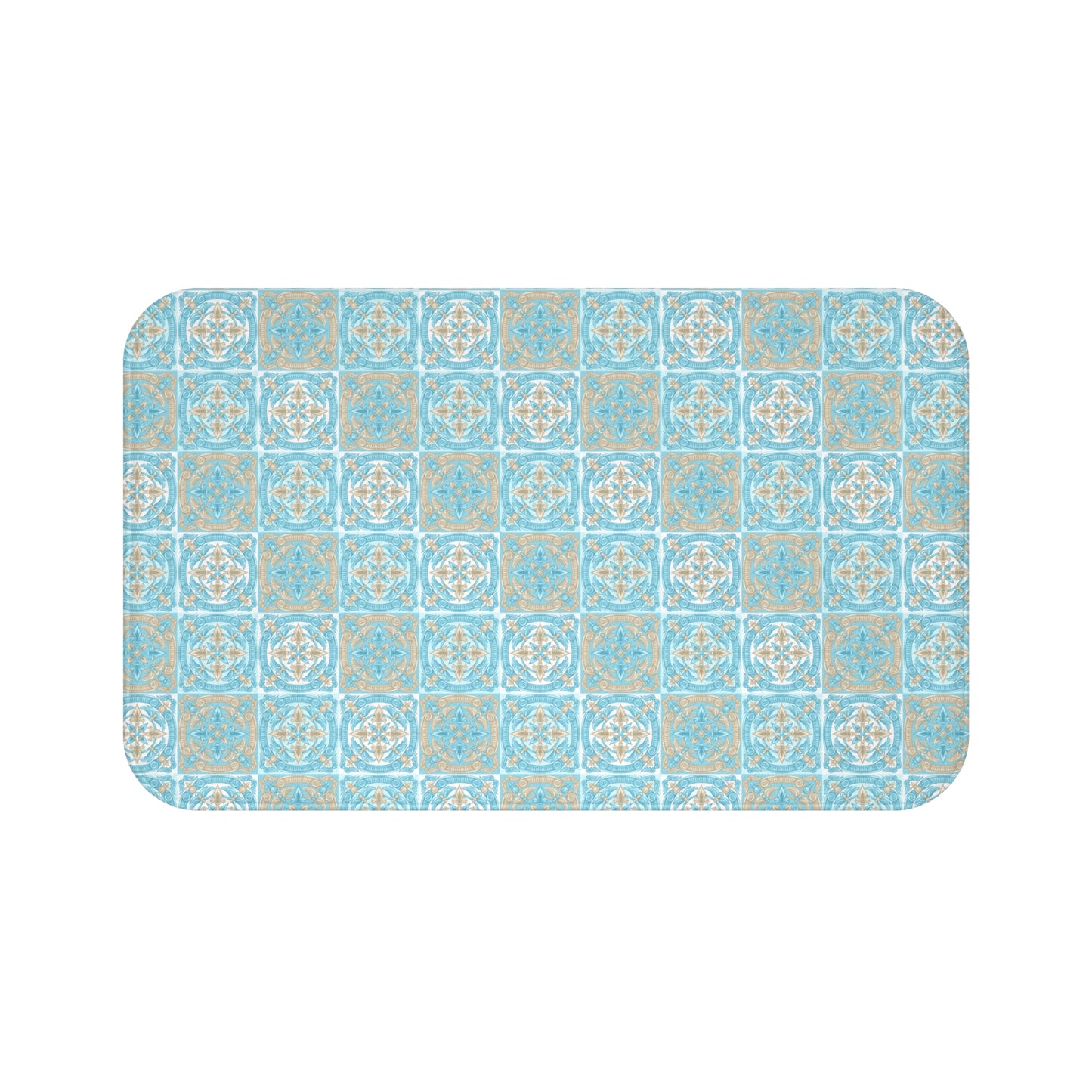 Blue Biege And White Moroccan Tile Bath Mat