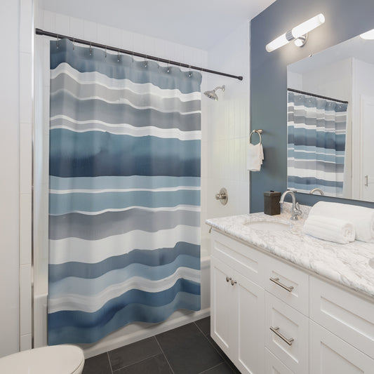 Blue White And Grey Watercolor Striped Shower Curtain