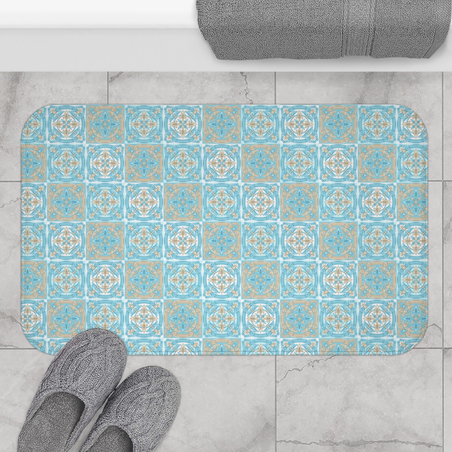 Blue Biege And White Moroccan Tile Bath Mat