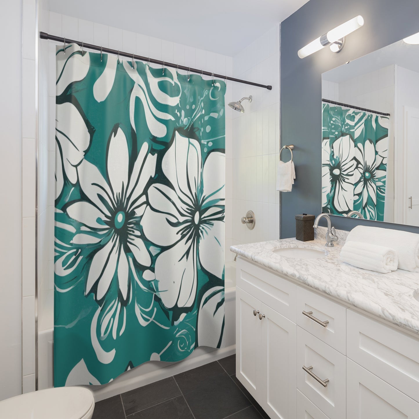 Turquoise And White Graphic Floral Shower Curtain