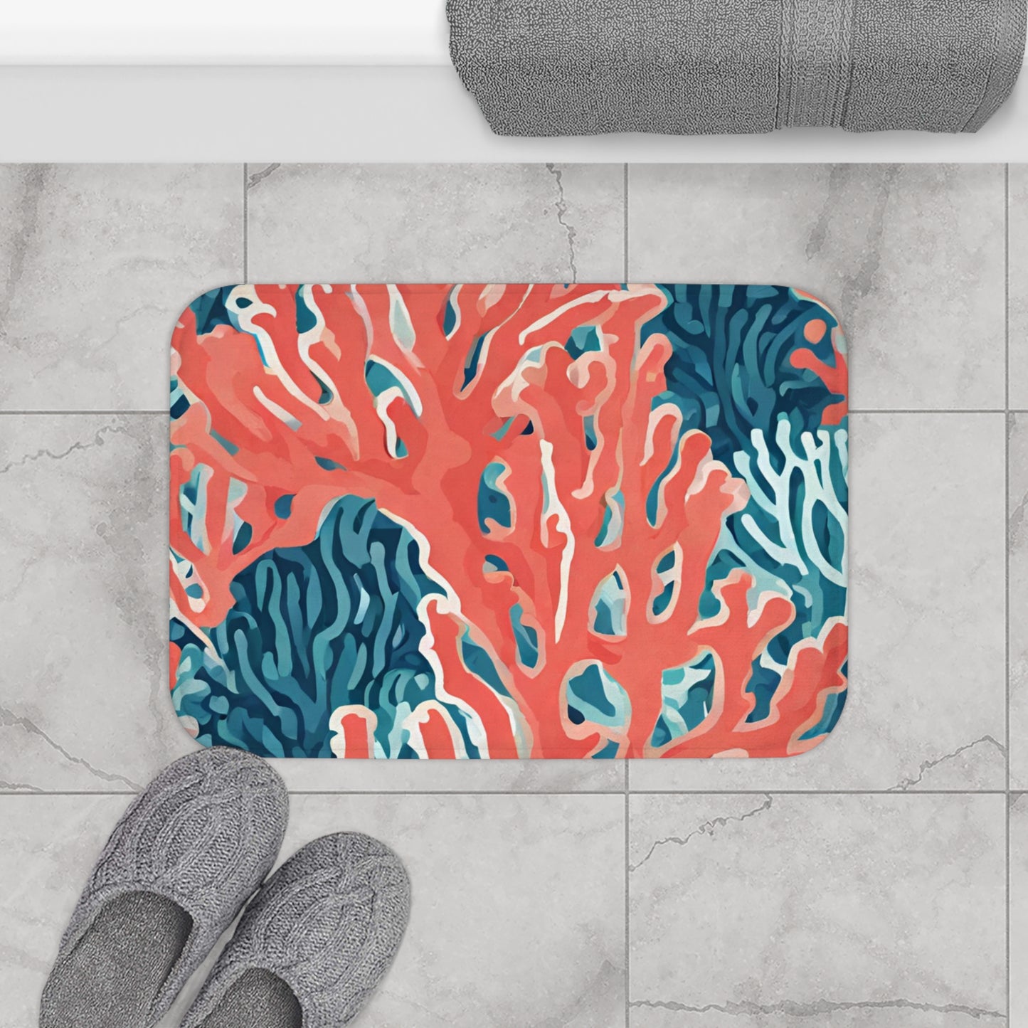 Orange Blue And White Coral Bath Mat