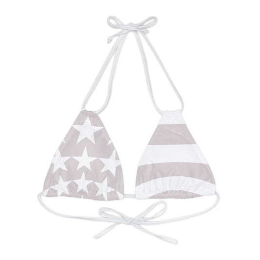 Grey And White USA Flag And Stars String Triangle Bikini Top