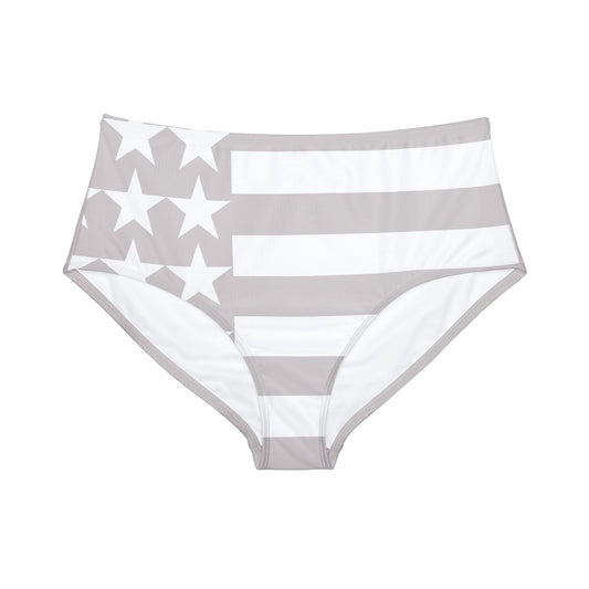 Grey And White USA Flag And Stars High-Waist Hipster Bikini Bottom