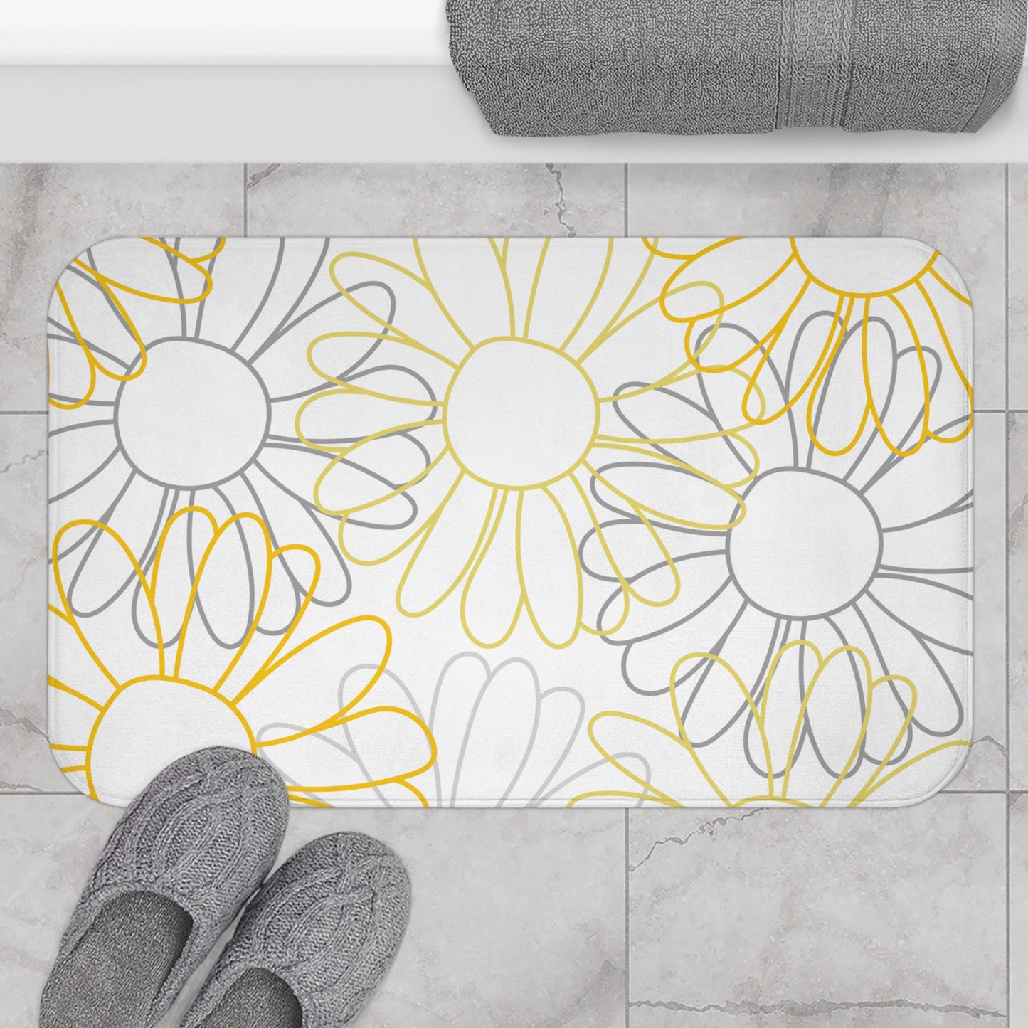 Grey And Yellow Pencil Flower Bath Mat