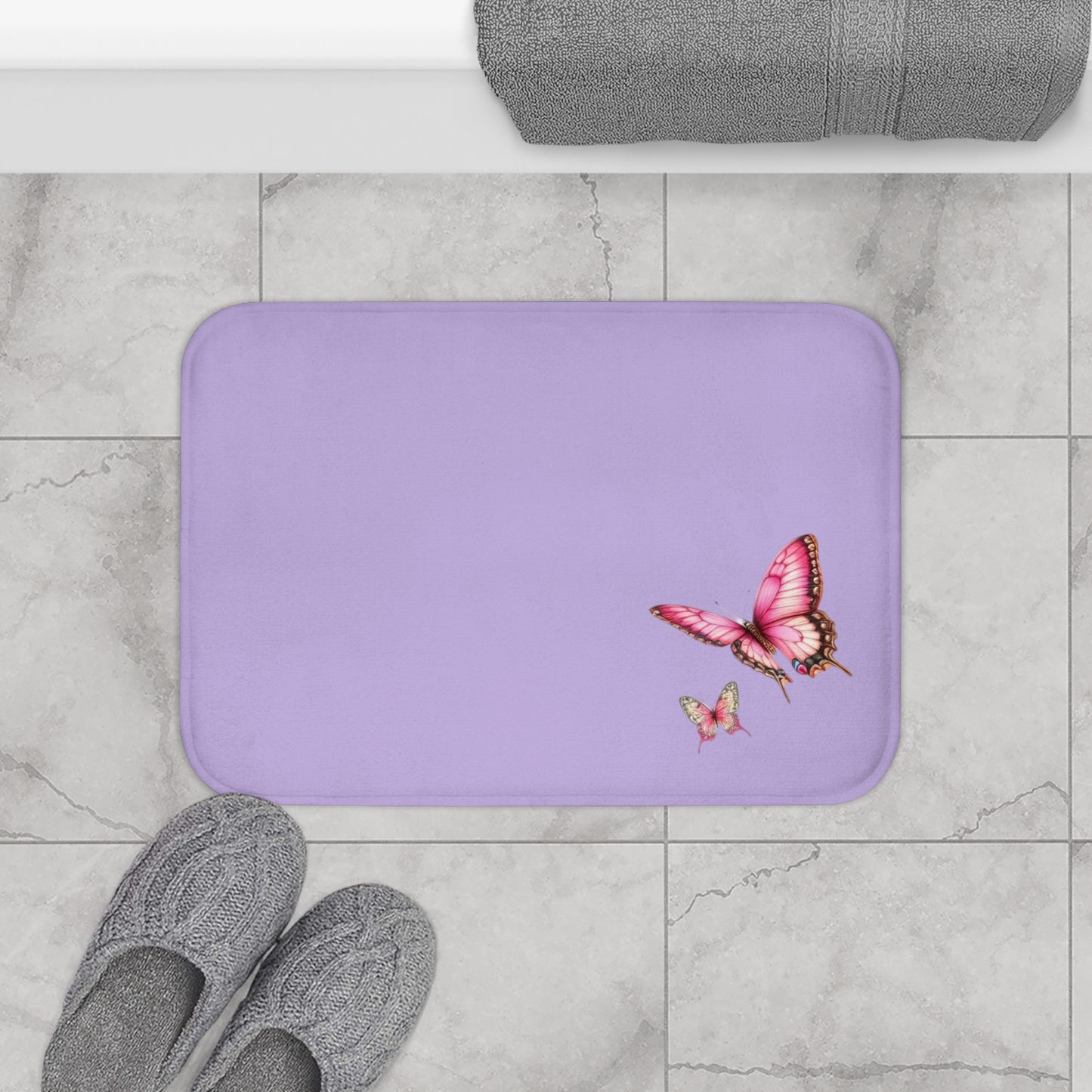 Pink Butterflies In Lavender Bath Mat