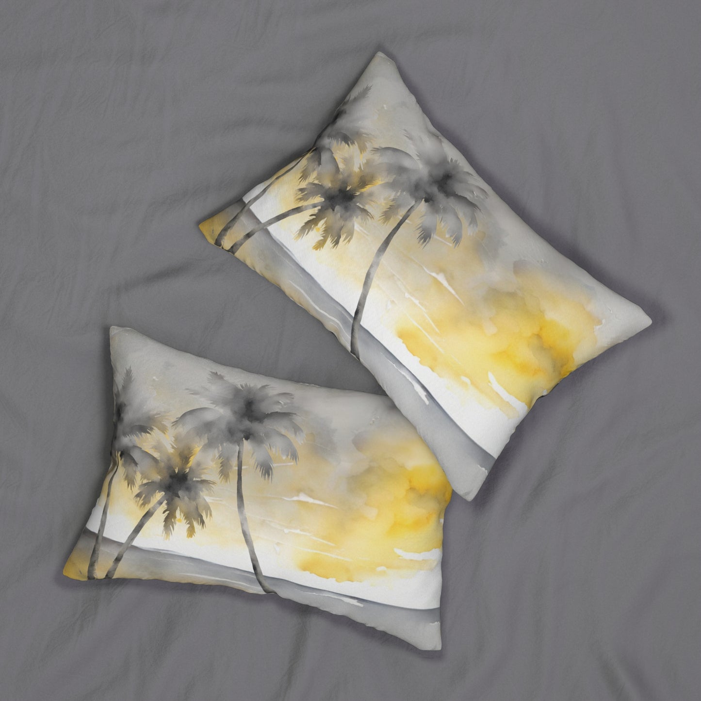 Yellow Grey And White Beach Scene Lumbar Pillow