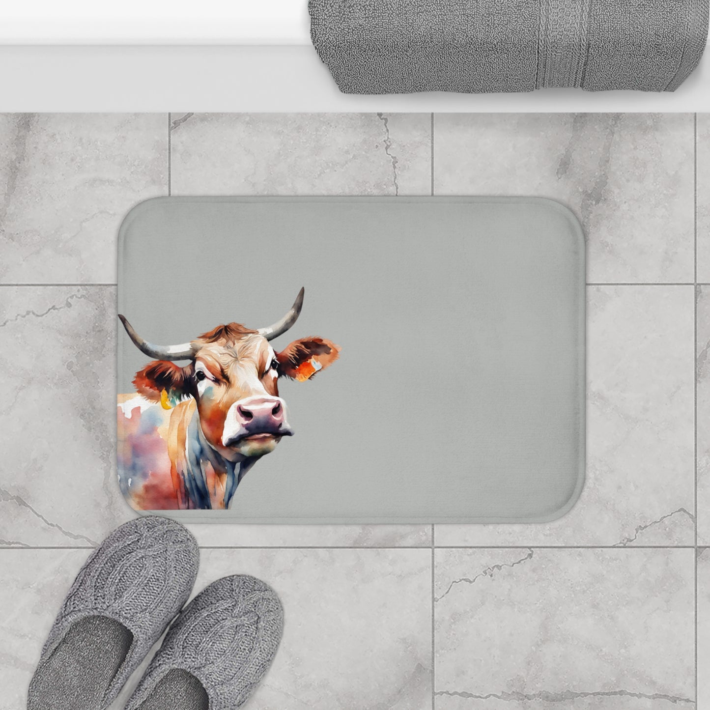 Watercolor Cow In Smoke Bath Mat
