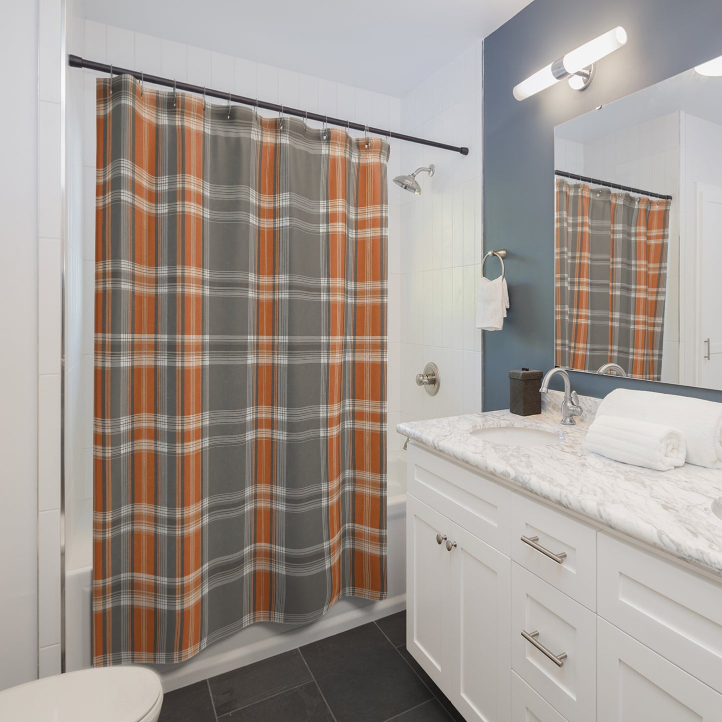 Bold Orange And Grey Plaid Shower Curtain