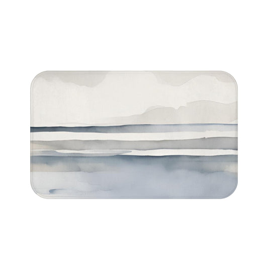 Blue Grey Cream Watercolor Stripes Bath Mat