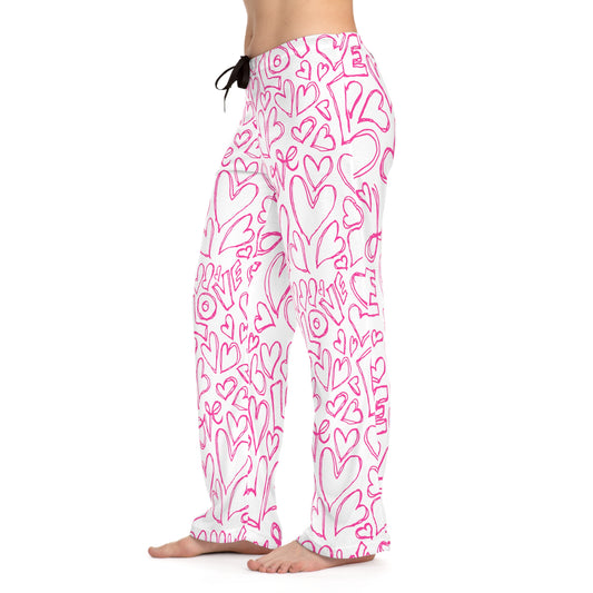 Pink Love & Hearts Women's Pajammy Pants In White