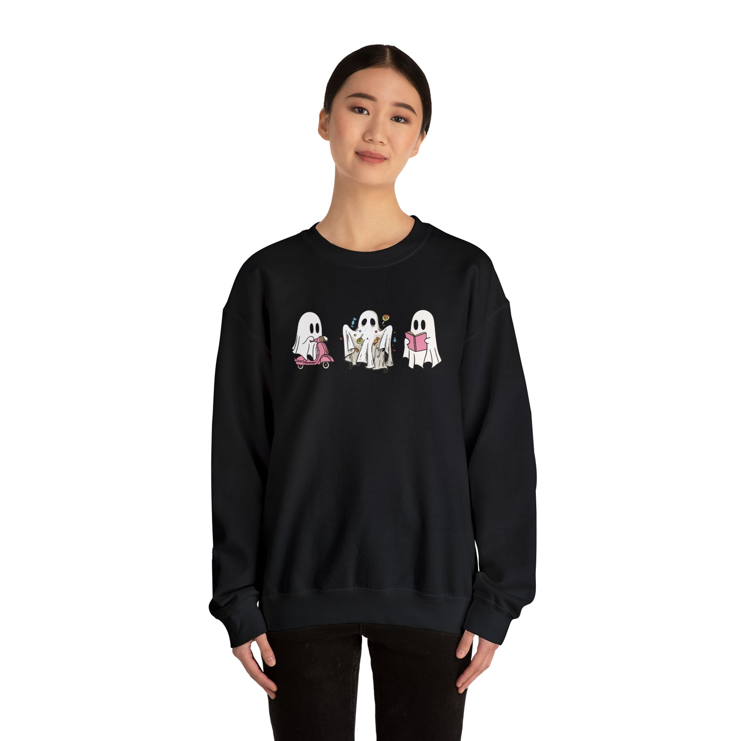 Halloween Vibes, Ghostly Trio, Heavy Blend™ Crewneck Sweatshirt (Available In Other Colors)