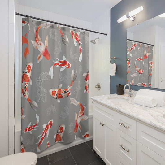 Good Luck Koi In Grey Shower Curtain