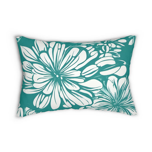 Turquoise And White Graphic Floral Lumbar Pillow