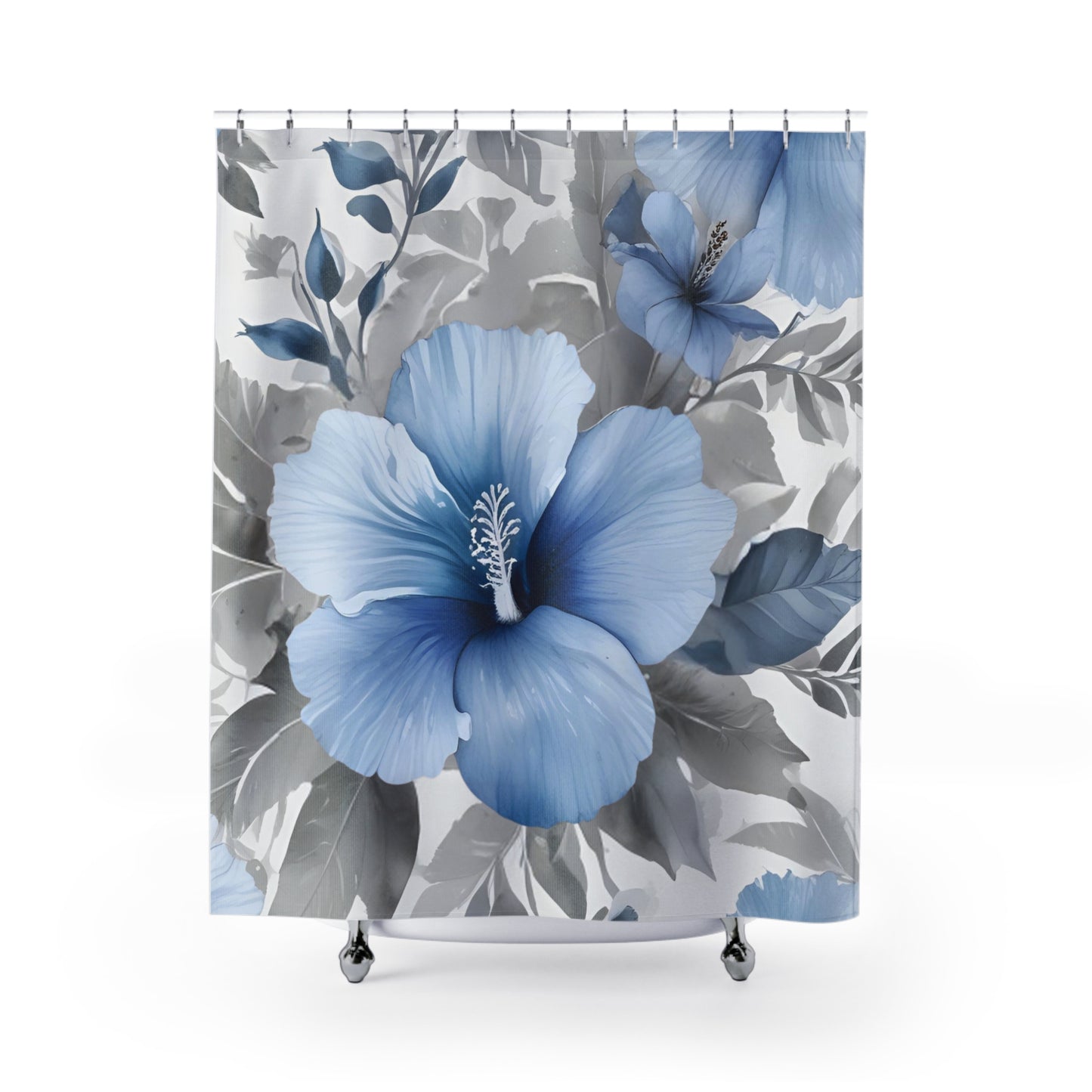 Blue And Grey Hibiscus Tropical Floral Shower Curtain