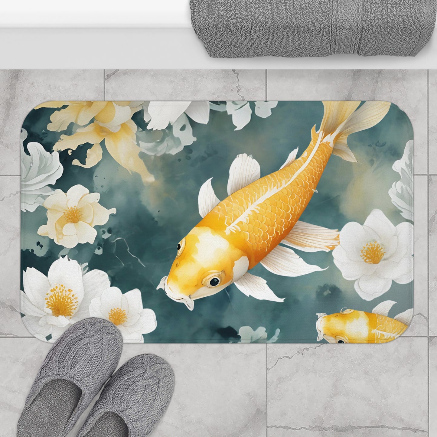 Teal Orange And White Koi Floral Bath Mat