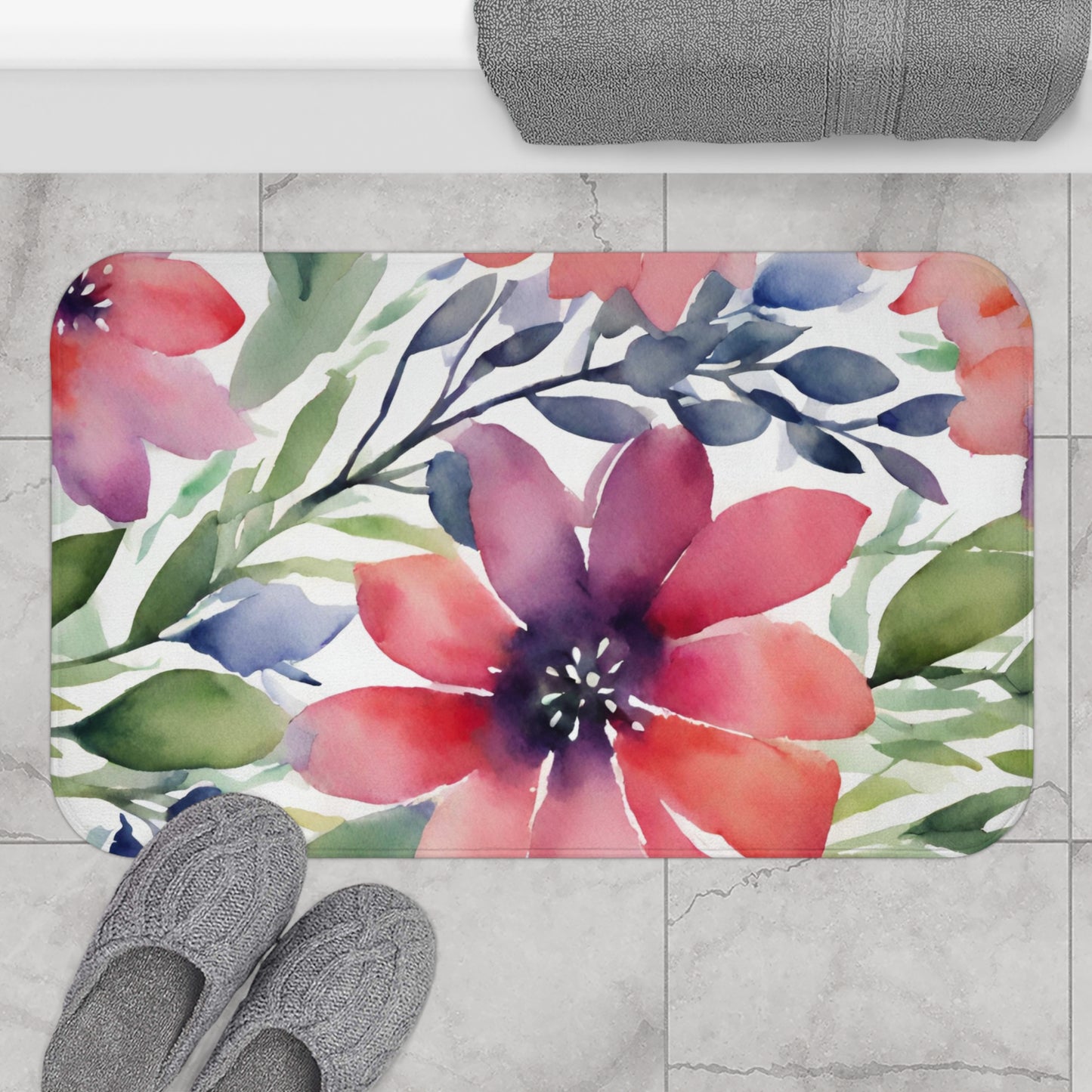 Watercolor Orange, Purple, Blue And Green Floral Bath Mat