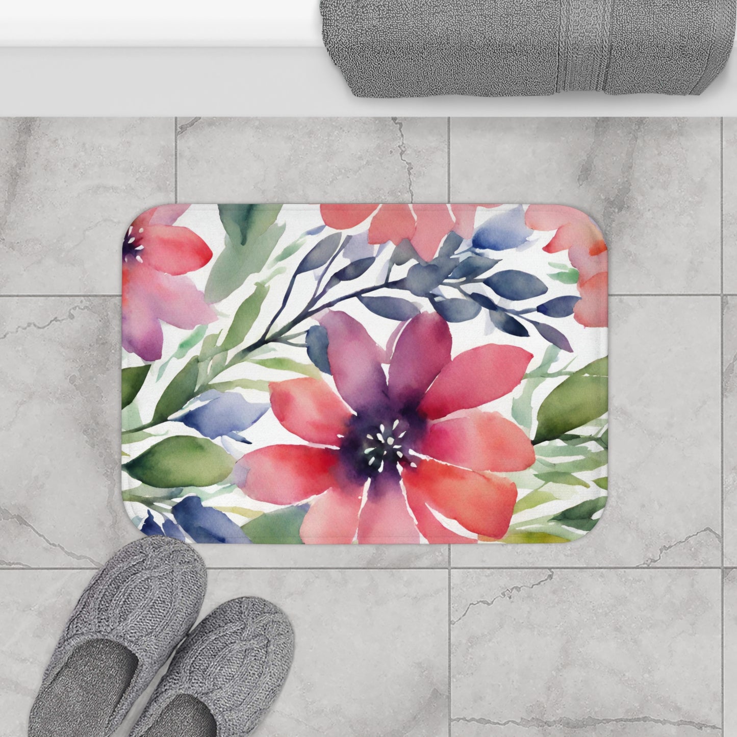 Watercolor Orange, Purple, Blue And Green Floral Bath Mat