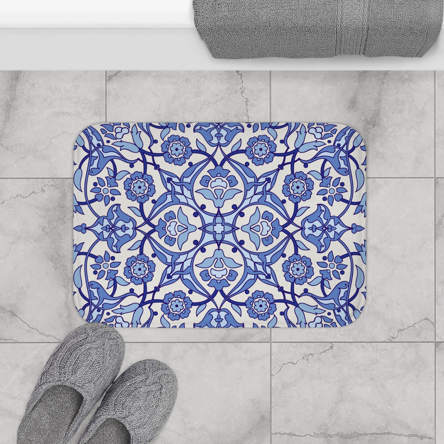 Blue And Light Grey Moroccan Style Bath Mat