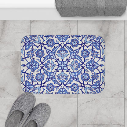 Blue And Light Grey Moroccan Style Bath Mat