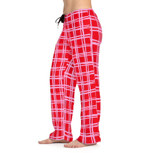 Red And Pink Abstract Plaid Women's Pajammy Pants