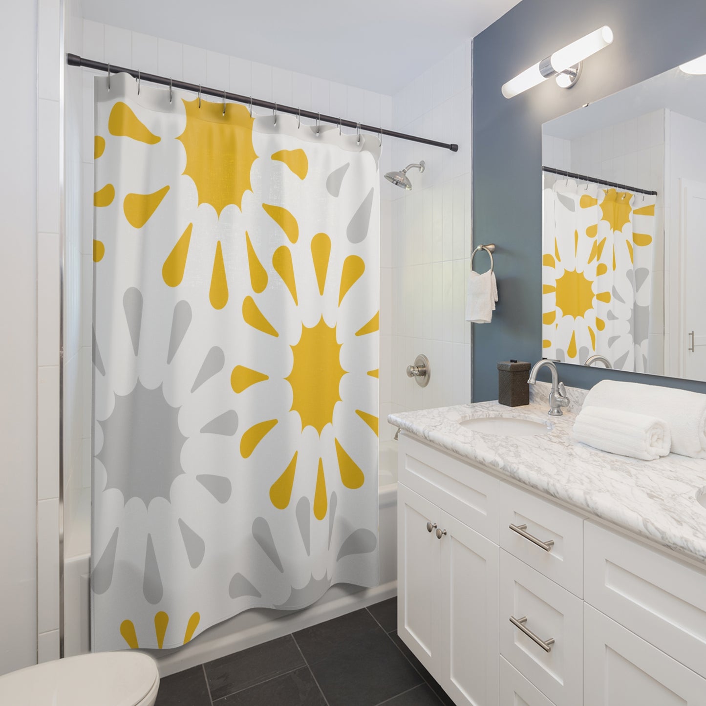 Grey And Yellow Starburst Shower Curtain