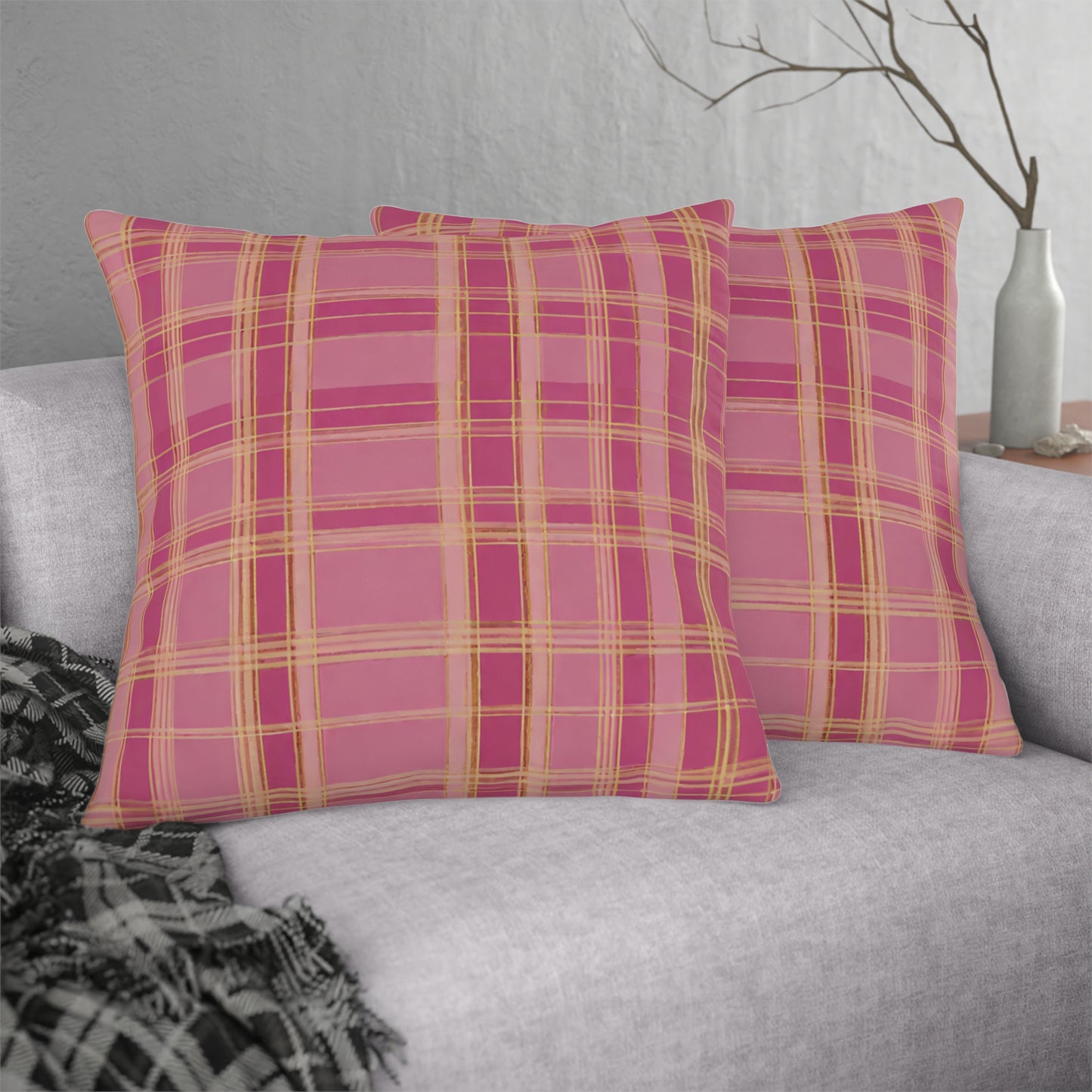 Pink & Gold Plaid, Indoor/Outdoor Waterproof Pillow