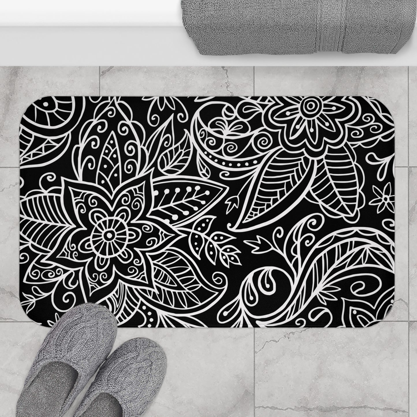 Black And Light Grey Graphic Floral Bath Mat