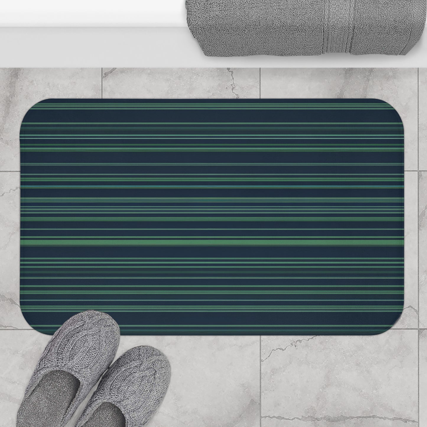 Dark Blue Greeb Striped Bath Mat