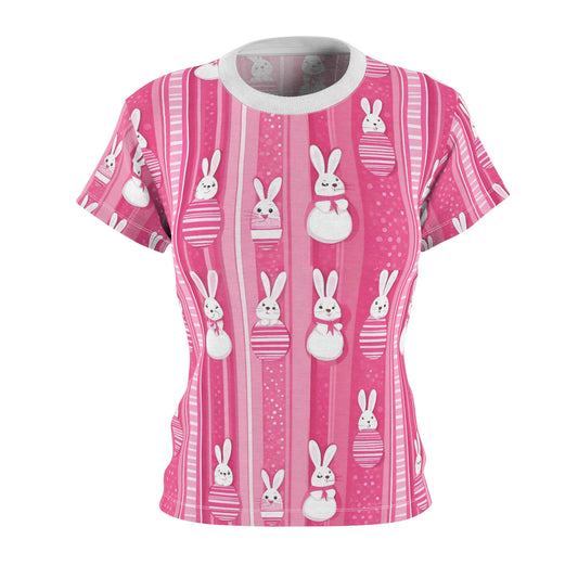 Pink & White Stripes With Cute Little Bunnies, Women's Classic Short Sleeve T-Shirt