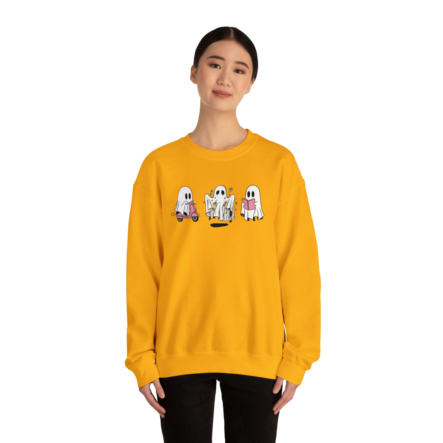 Halloween Vibes, Ghostly Trio, Heavy Blend™ Crewneck Sweatshirt (Available In Other Colors)