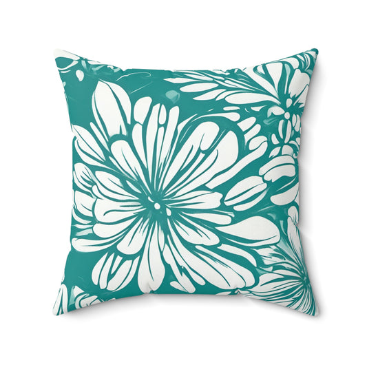 Turquoise And White Graphic Floral Decorative Throw Pillow