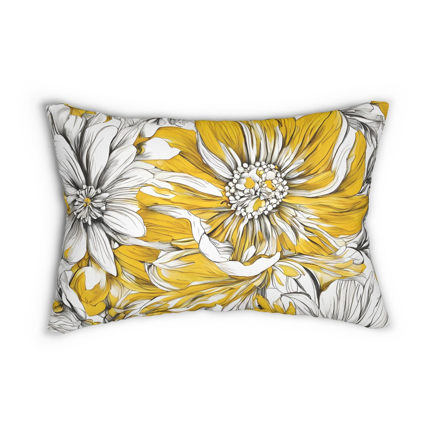 Yellow Grey And White Graphic Floral Lumbar Pillow