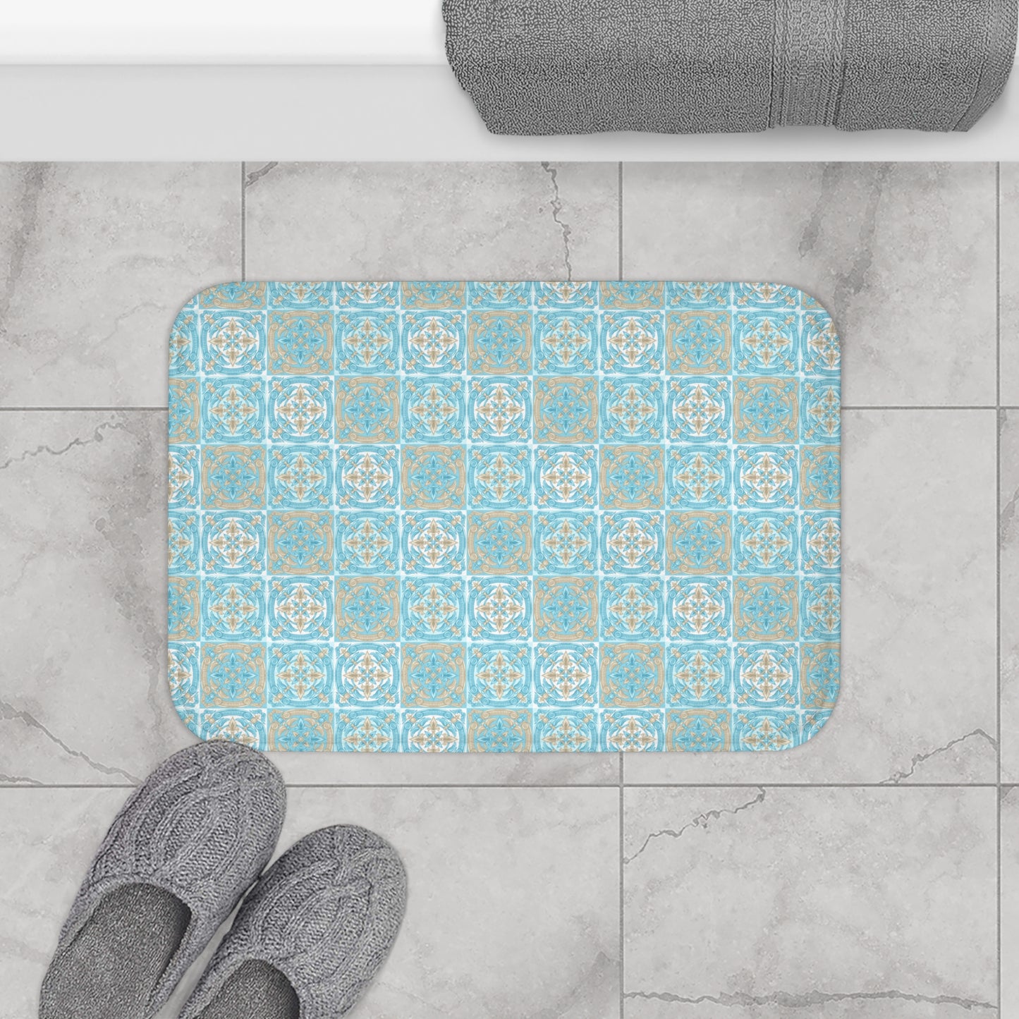 Blue Biege And White Moroccan Tile Bath Mat