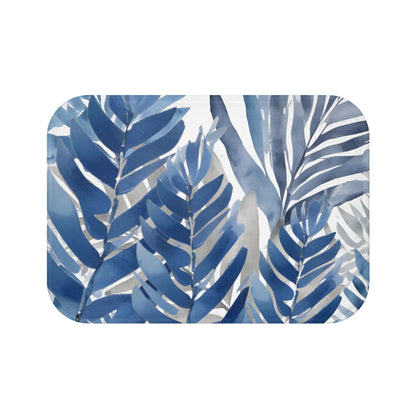 Blue Grey White Palm Fronds Floral Bath Mat