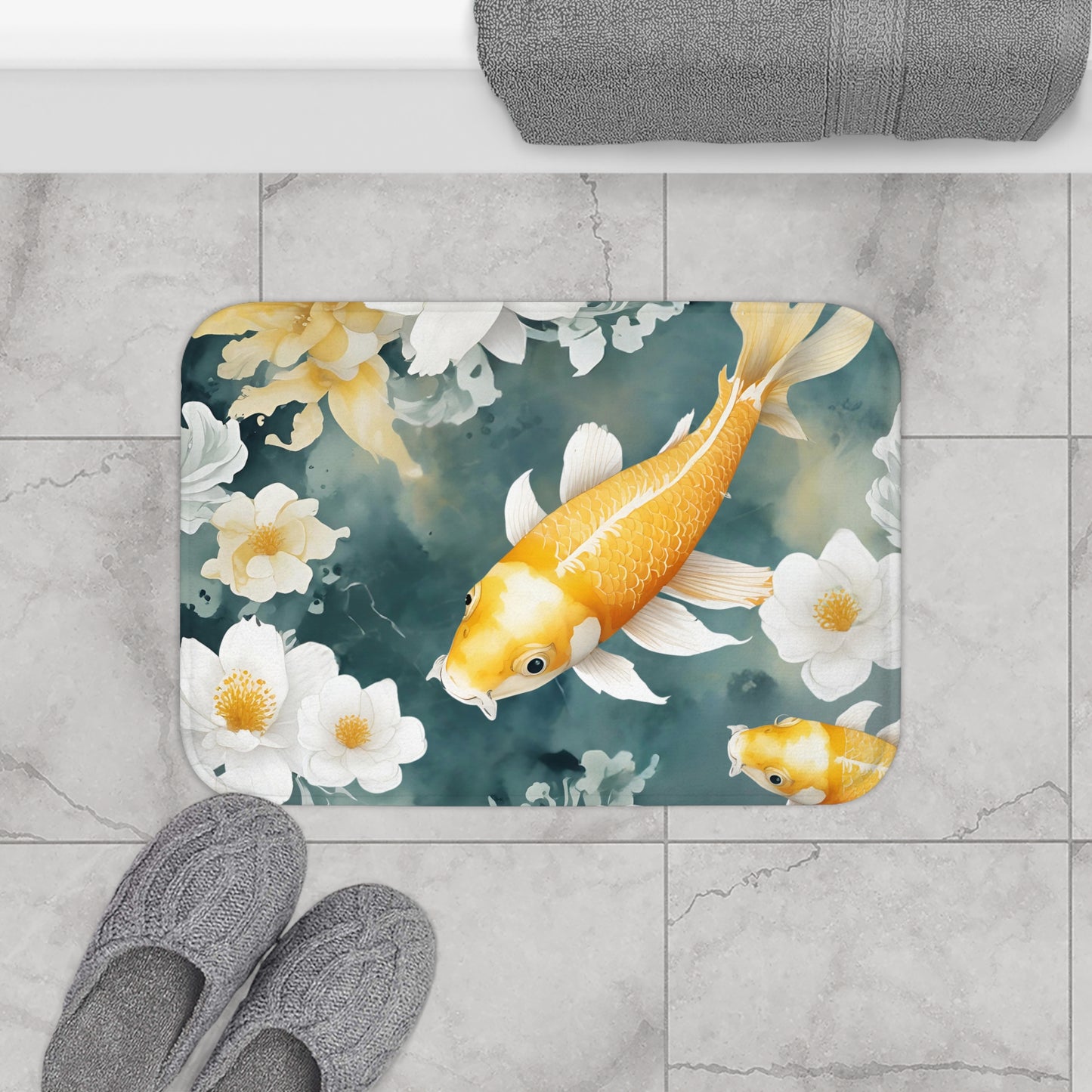 Teal Orange And White Koi Floral Bath Mat