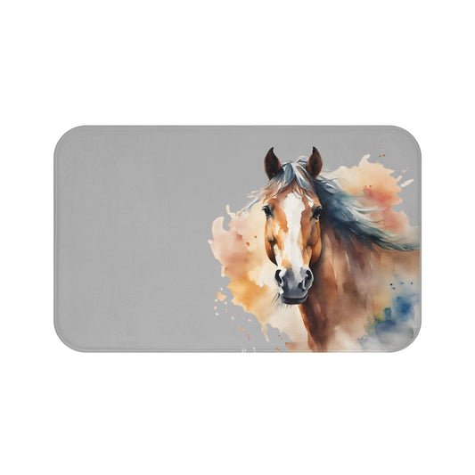 Watercolor Horse In Grey Bath Mat