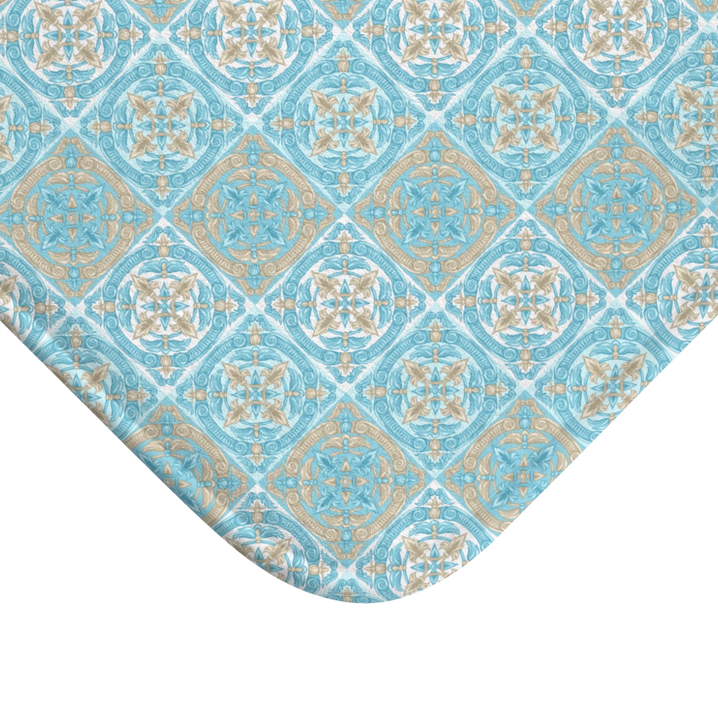 Blue Biege And White Moroccan Tile Bath Mat