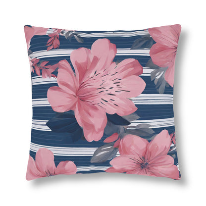 Blue Stripe And Pink Flower, Indoor-Outdoor Waterproof Pillow