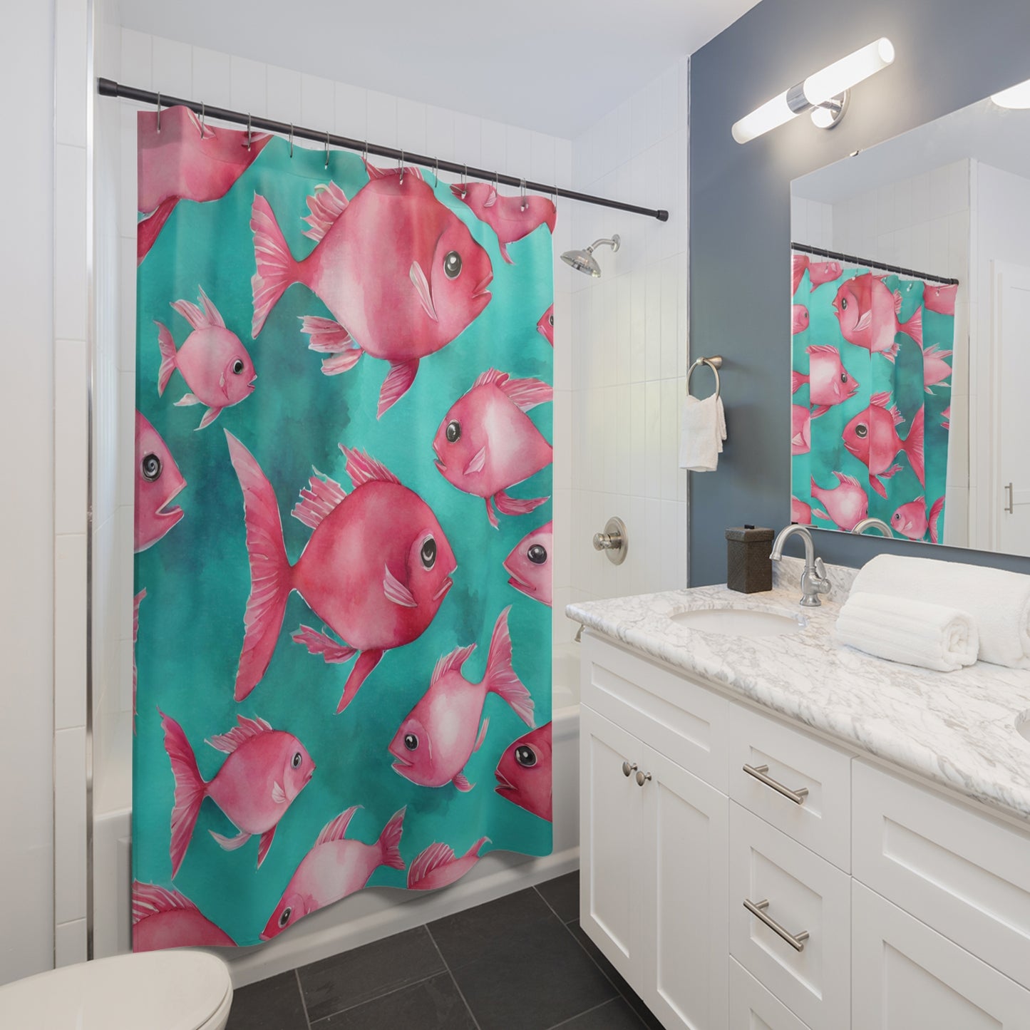 Turquoise And Pink School Of Fish Shower Curtain