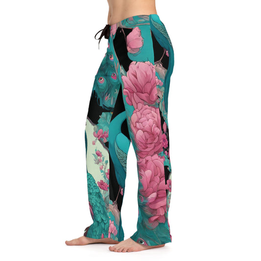 Turquoise & Pink, Peacock Floral, Pajammy Lounge Pants In Black